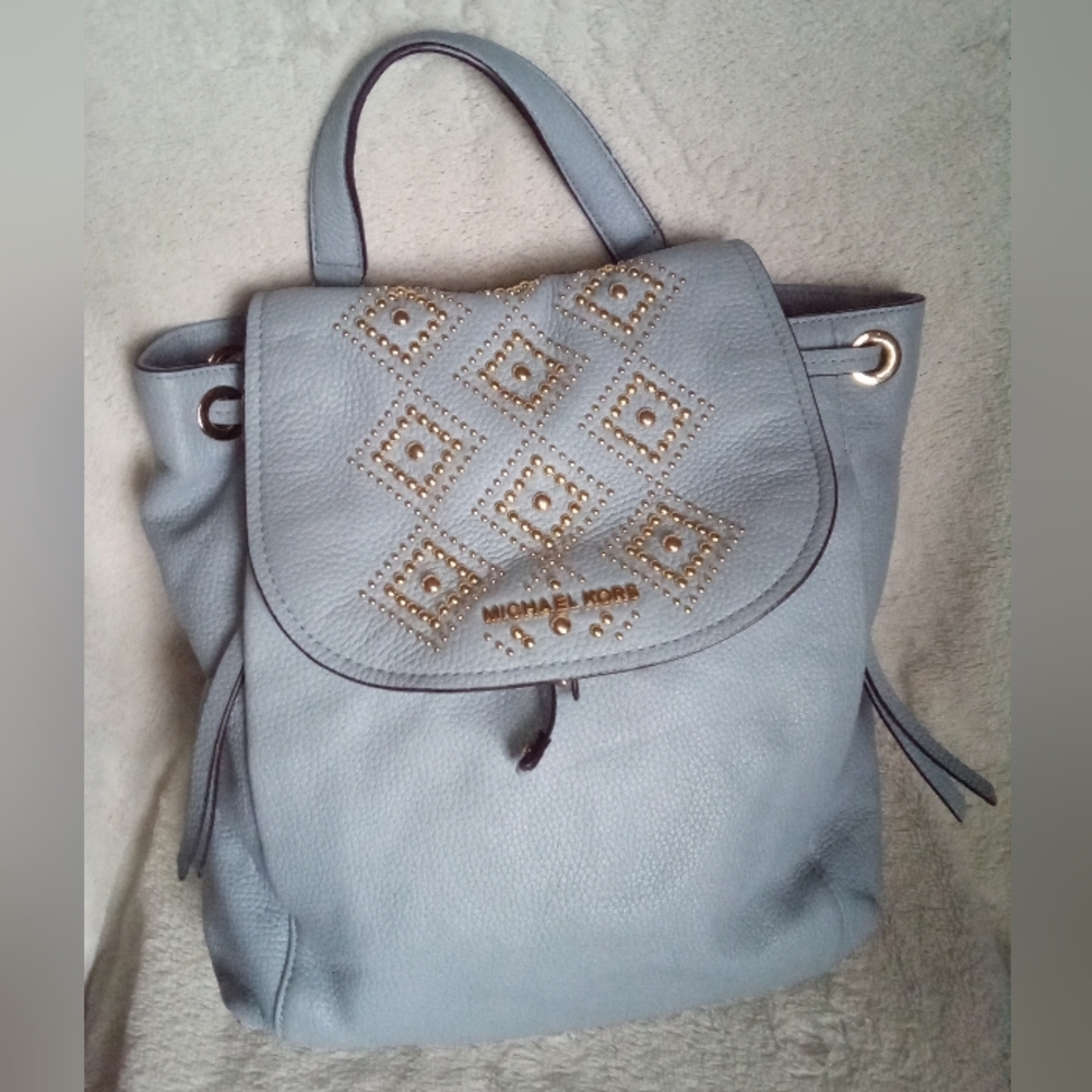 Michael Kors Riley Powder Blue Pebbled Leather Gold Studded Drawstring Backpack